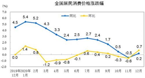 2020年12月全国CPI同比上涨0.2% 食品价格上涨1.2%